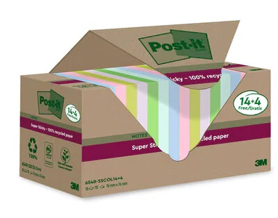 Post-it® Super Sticky Foglietti Riciclati Assortiti 76x76 mm - 70 Fogli per Blocchetto - 14 Blocchetti 4 Gratuiti - Colori: Rosa, Verde, Blu, Viola, Giallo