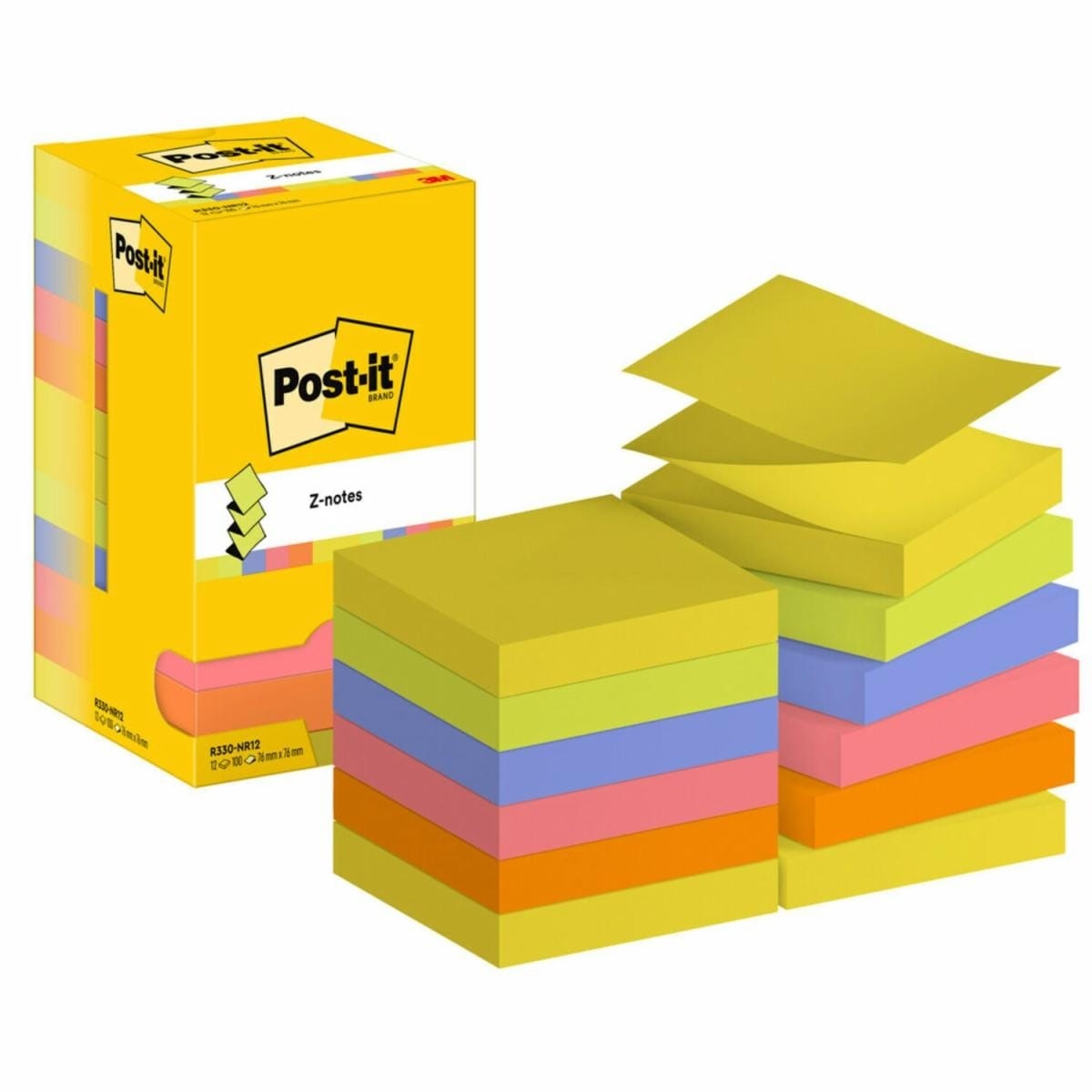 Post-it® Z-Notes - Foglietti adesivi Neon Assortiti, 76mm x 76mm, Confezione da 12 blocchetti