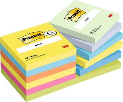 Post-it® Foglietti Adesivi Energetic - Confezione 8 4, 76x76 mm, Colori Assortiti Giallo, Azzurro, Rosa, Verde