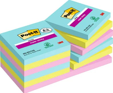 Post-it® Super Sticky Cosmic - 8 blocchetti 4 gratis, 76x76 mm, 90 fogli, colori Turchese, Verde e Rosa
