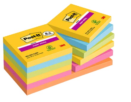 Post-it® Super Sticky Foglietti 76x76 mm Collezione Carnival - Pacchetto da 8 blocchetti 4 gratis, 90 fogli per blocchetto, Colori assortiti