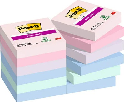 Post-it Super Sticky Foglietti Collezione Soulful - 12 Blocchetti da 90 Fogli 47,6x47,6 mm - Colori Rosa, Viola, Verde, Grigio, Azzurro