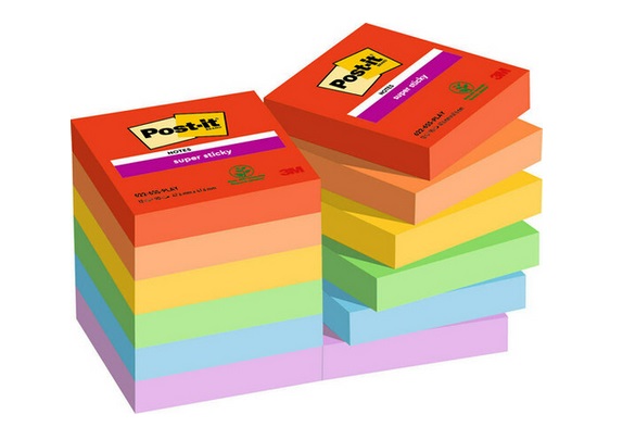 Post-it® Super Sticky Foglietti 47,6 x 47,6 mm Collezione Playful - 90 Fogli per Blocco, Confezione da 12 Blocchetti, Colori Assortiti
