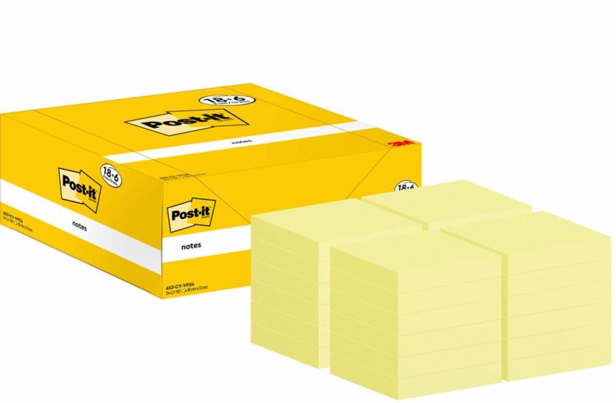 Post-It 653-CY-VP24 - Foglietti Adesivi Giallo Canary - 38 x 51 mm - 100 Fogli - Conf. 24 Blocchi - Value Pack 18 6