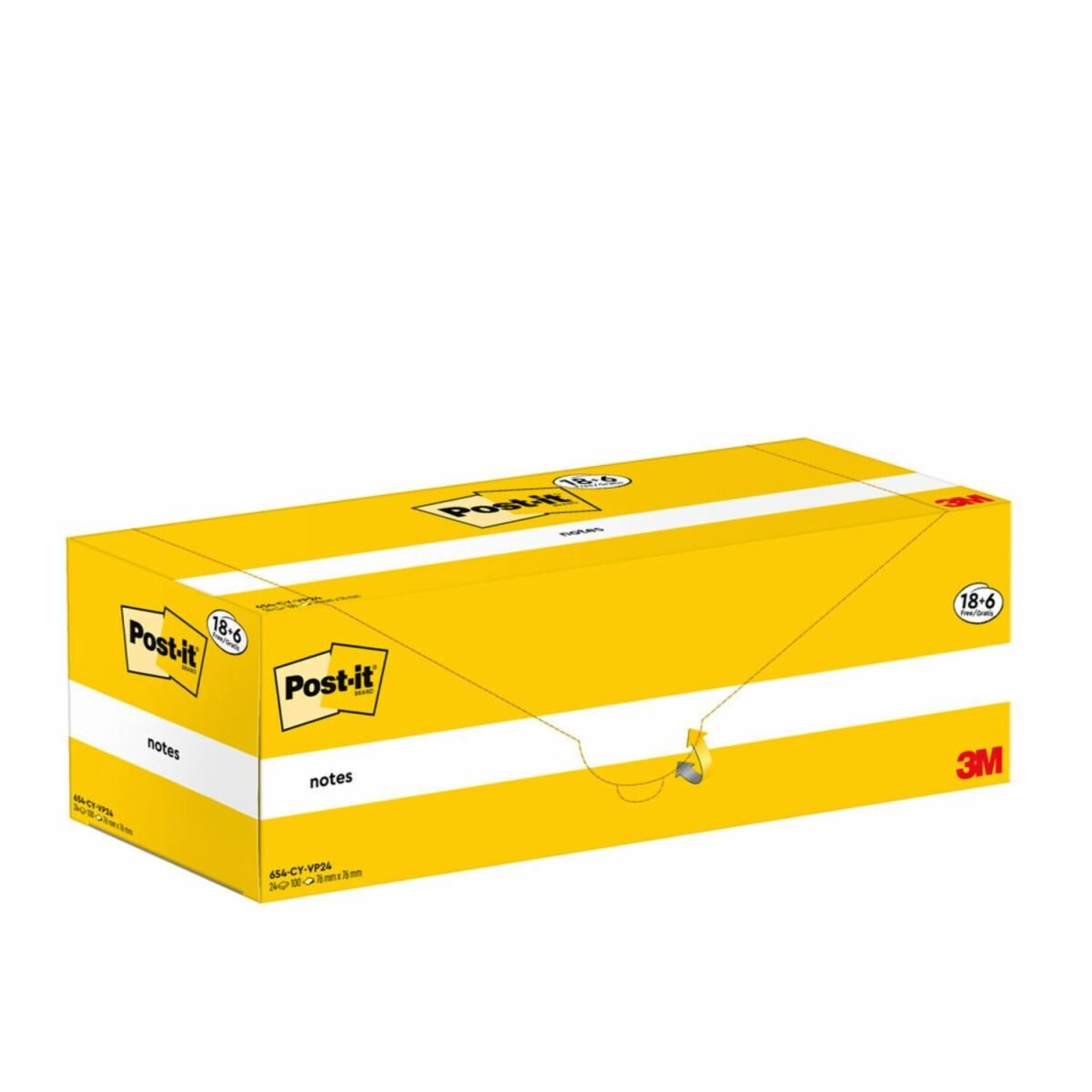 Post-It 654-CY-VP24 Blocco Foglietti Adesivi 76x76mm Giallo Canary - Confezione da 24 Blocchi, 100 Fogli per Blocco