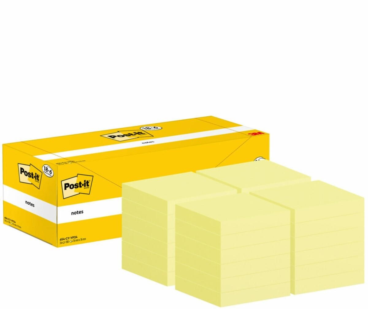 Post-It 654-CY-VP24 Blocco Foglietti Adesivi 76x76mm Giallo Canary - Confezione da 24 Blocchi, 100 Fogli per Blocco