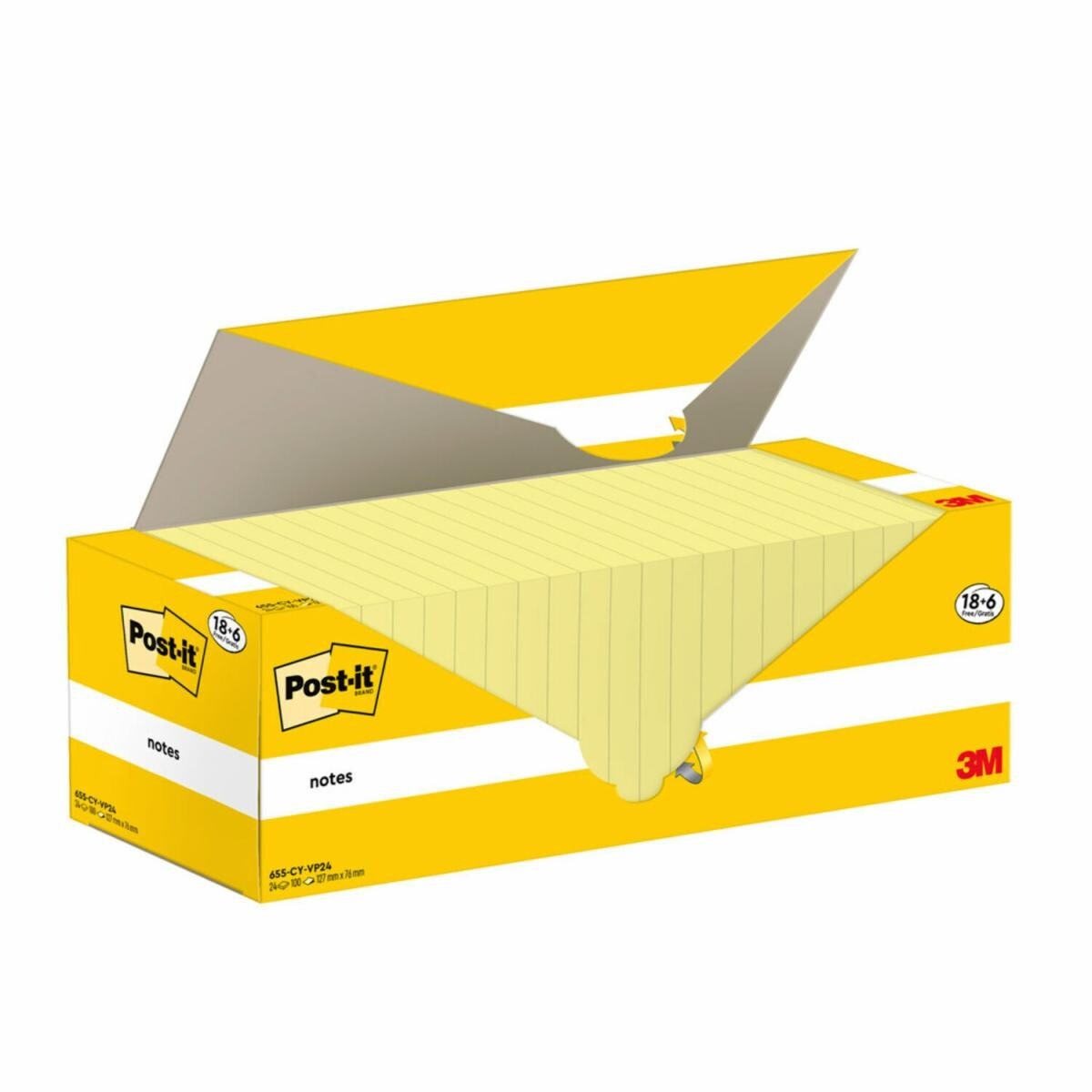 Post-it 655-CY-VP24 Foglietti Adesivi Giallo Canary, 76x127mm, Confezione da 18 blocchetti 6 GRATIS, 100 Fogli per Blocco