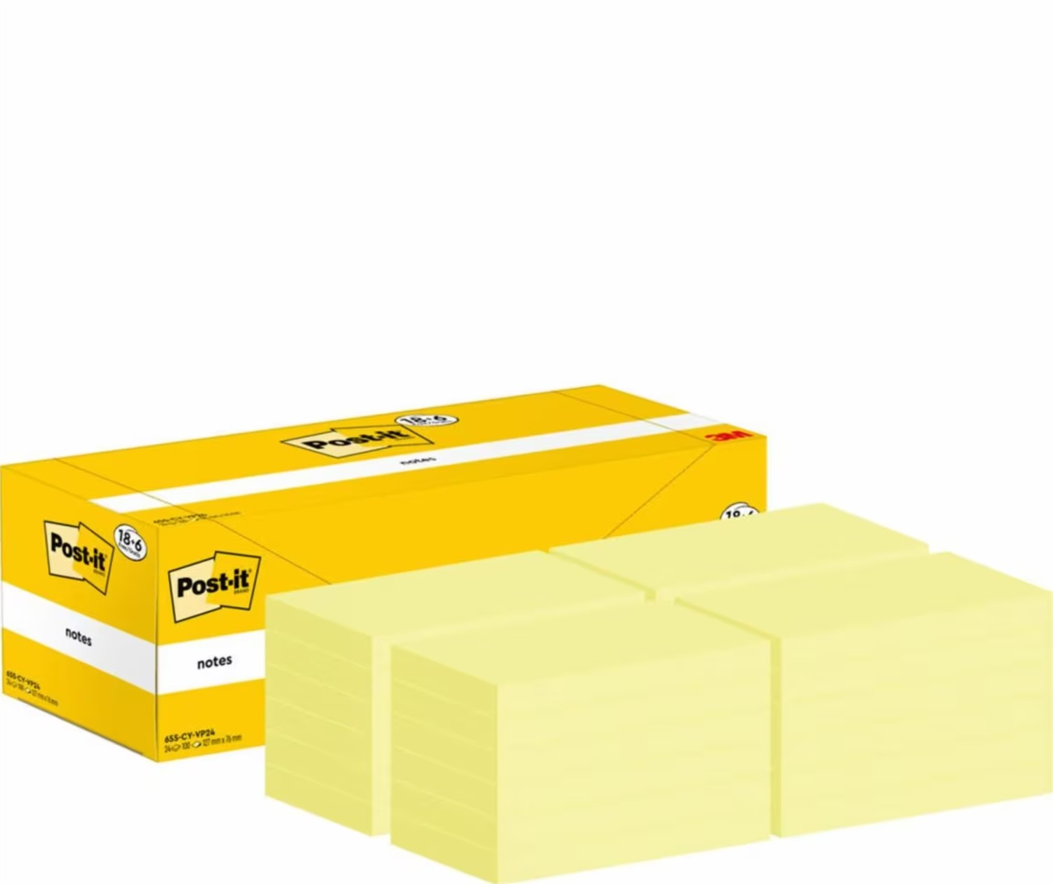 Post-it 655-CY-VP24 Foglietti Adesivi Giallo Canary, 76x127mm, Confezione da 18 blocchetti 6 GRATIS, 100 Fogli per Blocco