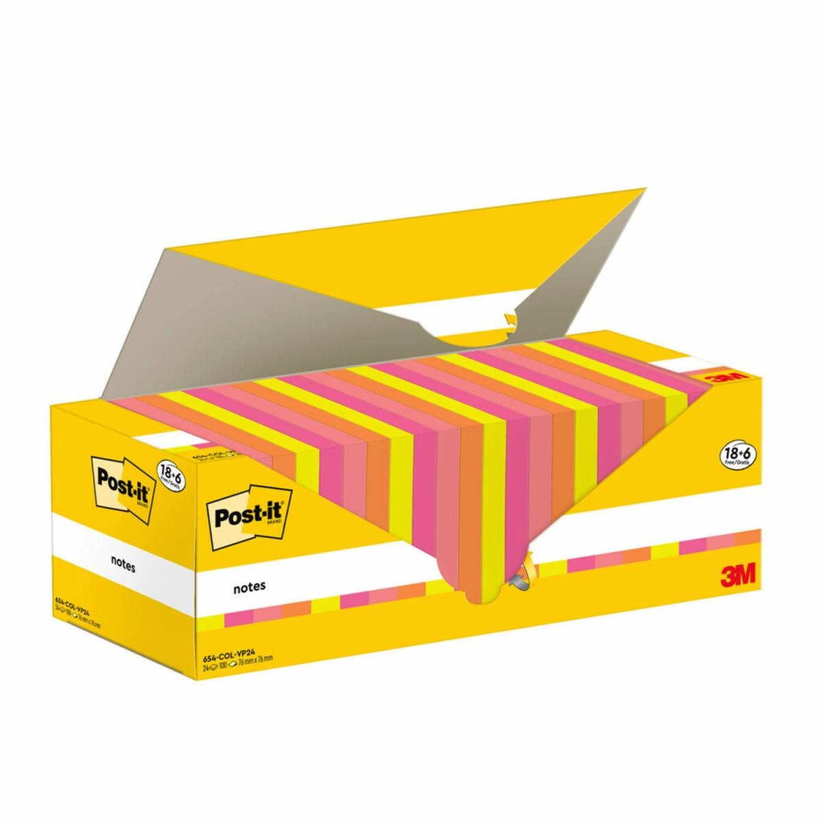 Post-it Foglietti Adesivi - Confezione da 18 blocchetti 6 GRATIS, 100 Fogli per blocco, 76 mm x 76 mm, Colori Assortiti