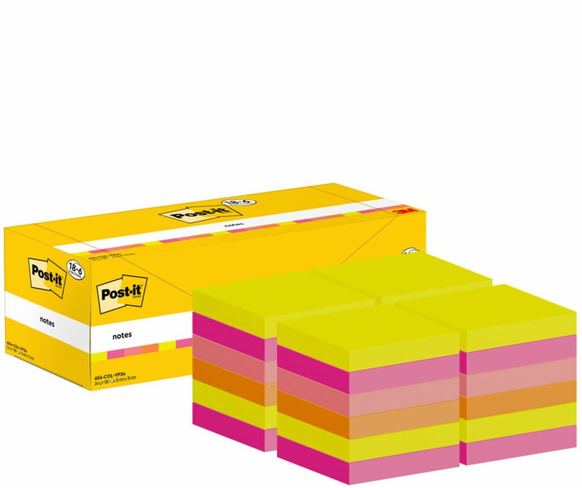 Post-it Foglietti Adesivi - Confezione da 18 blocchetti 6 GRATIS, 100 Fogli per blocco, 76 mm x 76 mm, Colori Assortiti