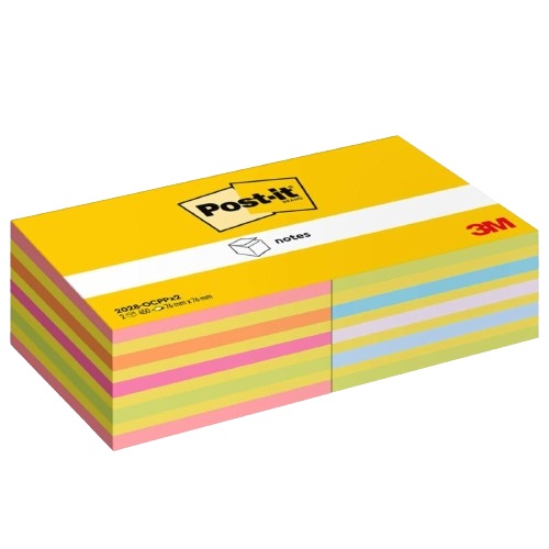 Post-It Cubo di Foglietti Adesivi 2028-0CPPX2 - 76x76 mm, 450 fogli per blocchetto, confezione da 2, colori assortiti neon e pastello