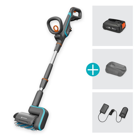 Gardena AquaBrush Patio 03/18V P4A - Idropulitrice ricaricabile per pulizia a umido di terrazze con batteria Li-Ion 18V e spazzola a rullo