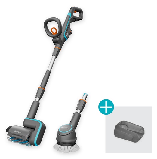Gardena AquaBrush Universal 04/18V P4A - Dispositivo di pulizia elettrico a batteria con spazzola disco e rullo, larghezza 19 cm