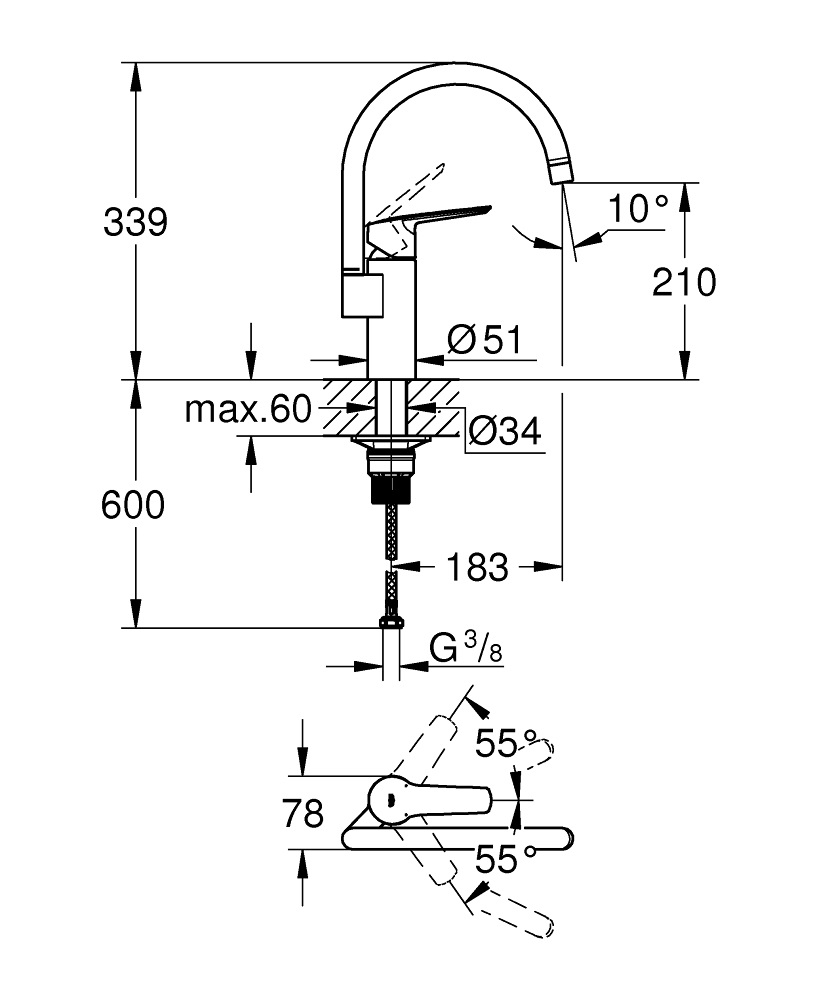GROHE Start Miscelatore per Lavello da Cucina Monocomando Nero Opaco - Bocca a C, Cartuccia Ceramica 35 mm, Facile Montaggio con GROHE QuickMount