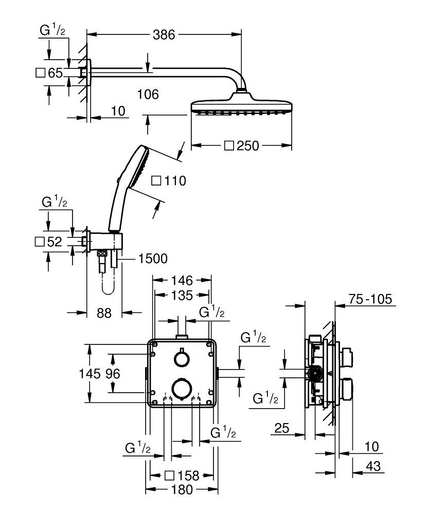 GROHE Precision Sistema Doccia da Incasso Termostatico Vitalio Comfort 250, Nero Opaco, Soffione 25 cm e Doccetta a 2 Getti