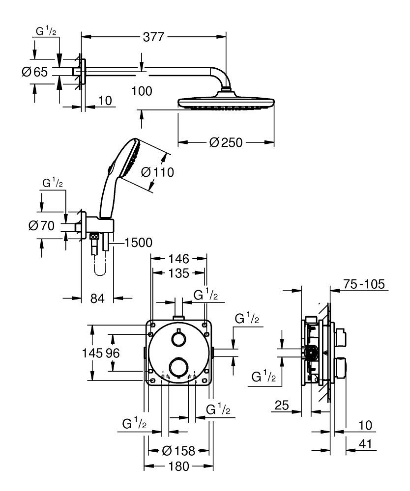 GROHE Precision Sistema Doccia da Incasso Termostatico Nero Opaco con Soffione 25 cm e Doccetta Manuale