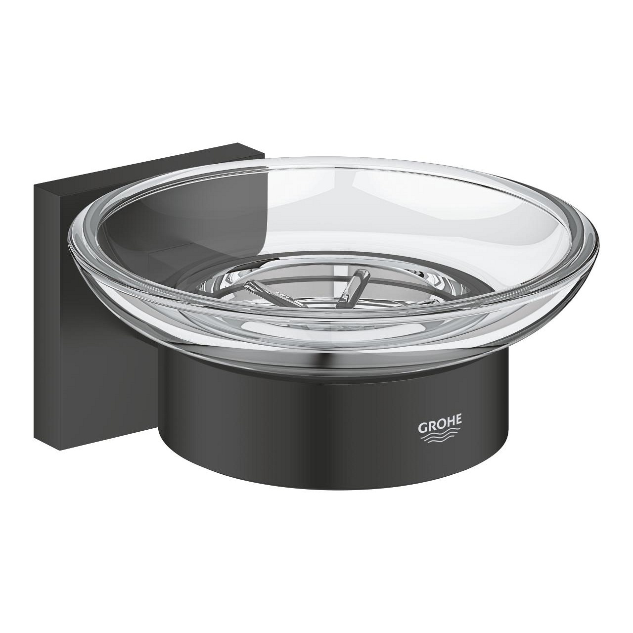 GROHE Start Cube Portasapone a Parete in Vetro e Metallo Nero Opaco, Fissaggio Nascosto, 125 mm, Capacità di Carico 5 kg