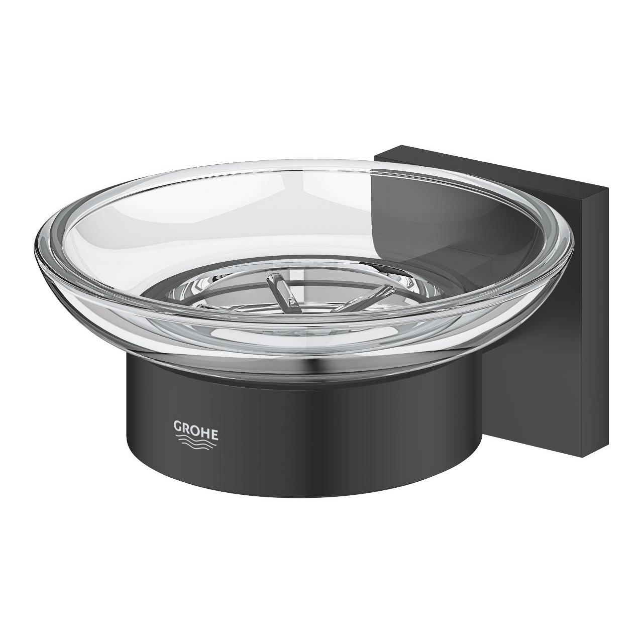 GROHE Start Cube Portasapone a Parete in Vetro e Metallo Nero Opaco, Fissaggio Nascosto, 125 mm, Capacità di Carico 5 kg