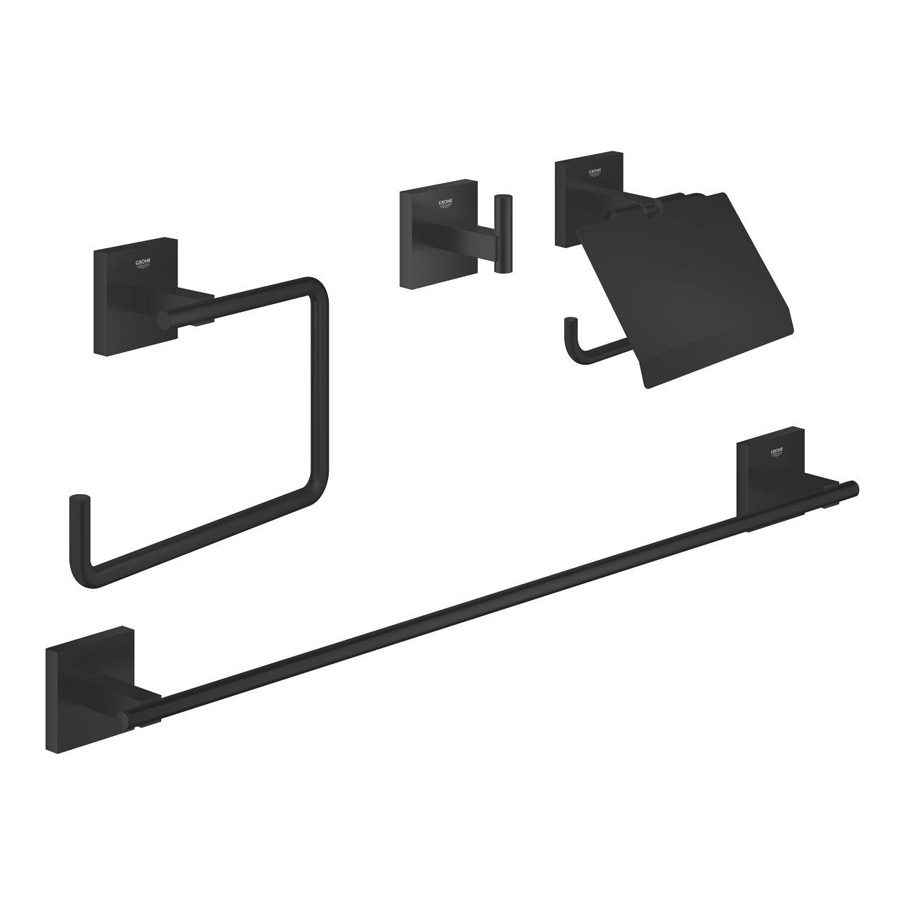 GROHE Start Cube - Set Accessori da Bagno 4 in 1, Gancio per Accappatoio, Anello per Asciugamani, Portarotolo per Carta Igienica, Portasciugamani da 558 mm, Nero Opaco, Installazione QuickGlue