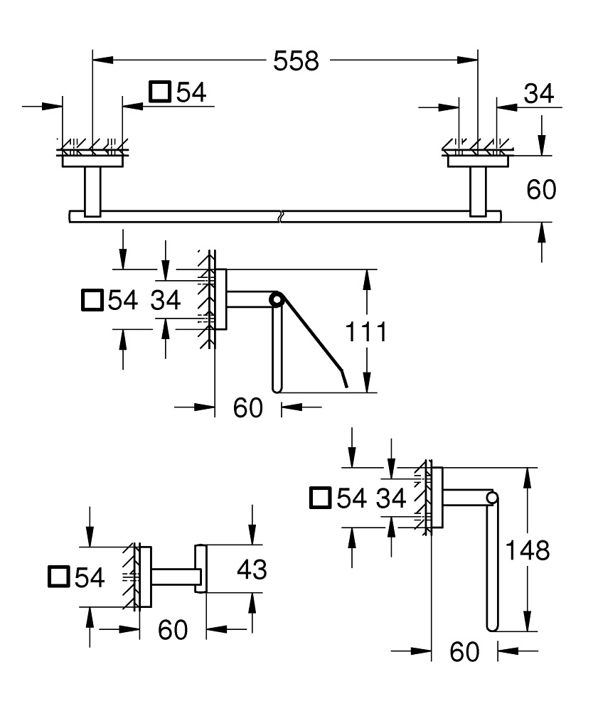 GROHE Start Cube - Set Accessori da Bagno 4 in 1, Gancio per Accappatoio, Anello per Asciugamani, Portarotolo per Carta Igienica, Portasciugamani da 558 mm, Nero Opaco, Installazione QuickGlue