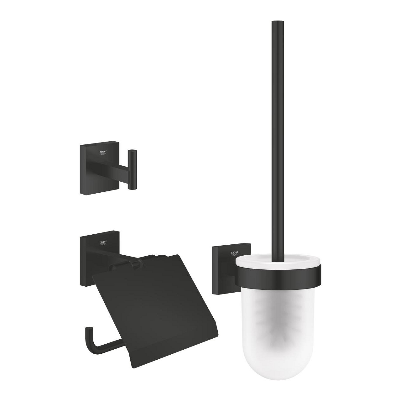 GROHE Start Cube Set di Accessori per WC 3 in 1 - Portarotolo, Scopino, Gancio per Accappatoio, Finitura Nero Opaco