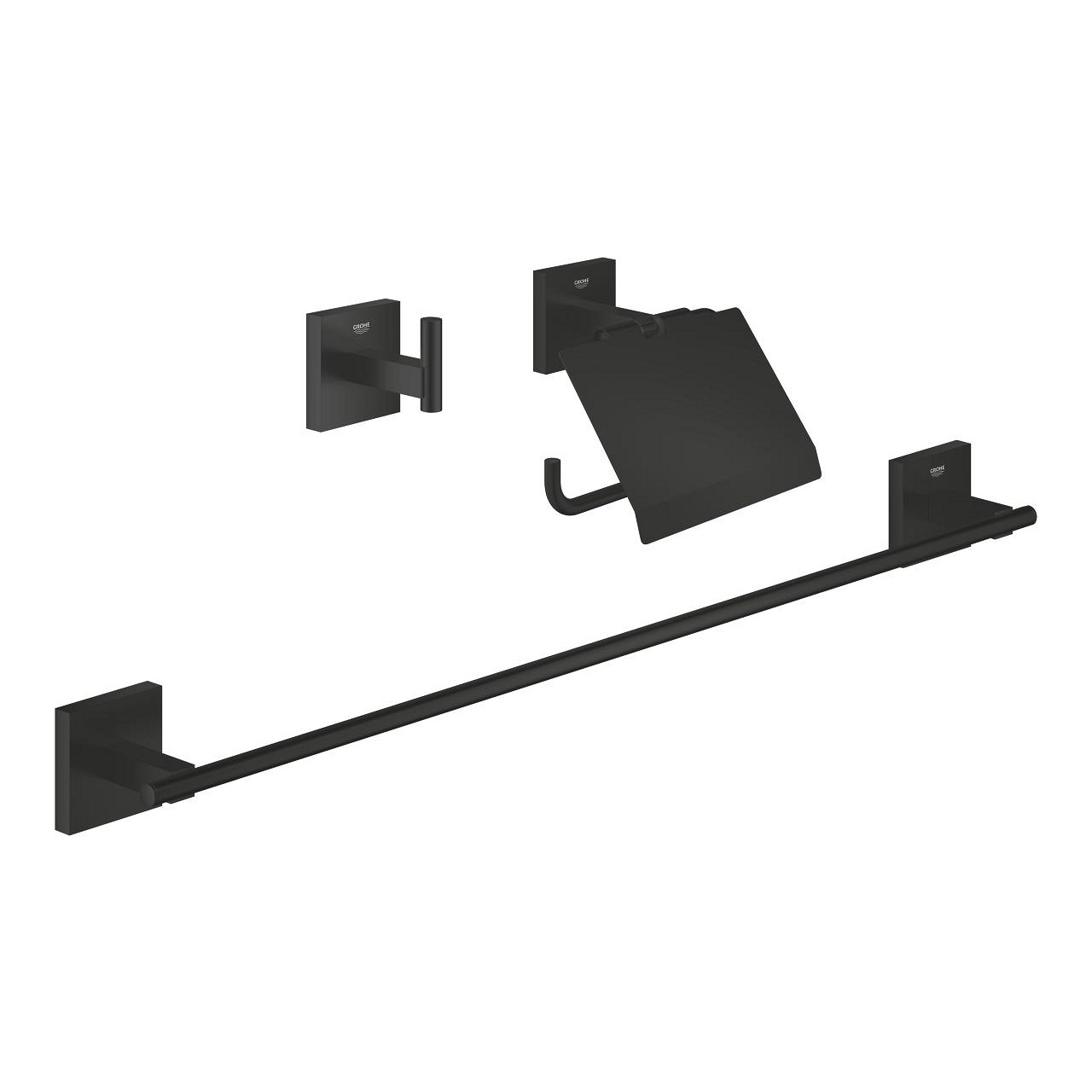 GROHE Quickfix Start Cube - Set di Accessori da Bagno 3 in 1, Gancio per Accappatoio, Portarotolo con Coperchio, Portasciugamani, Nero Opaco, Facile da Montare