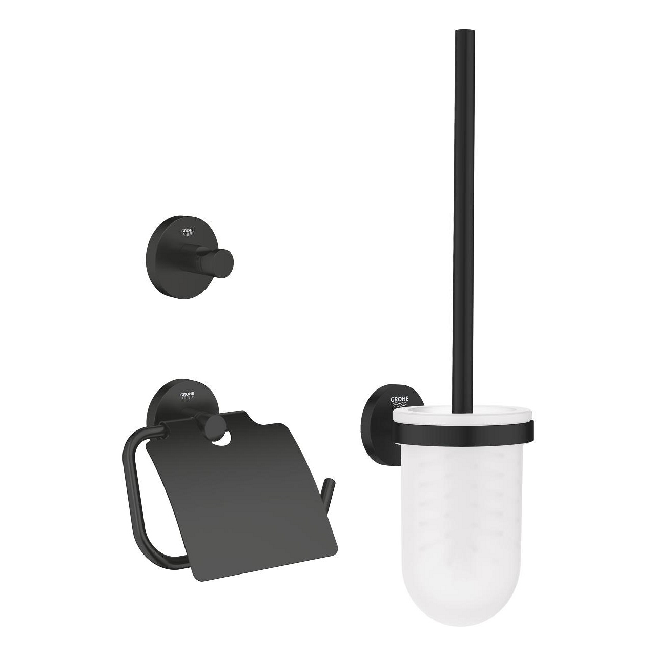 GROHE Start Set Accessori Bagno 3 in 1 Nero Opaco - Portarotolo con Coperchio, Scopino per WC, Gancio per Accappatoio