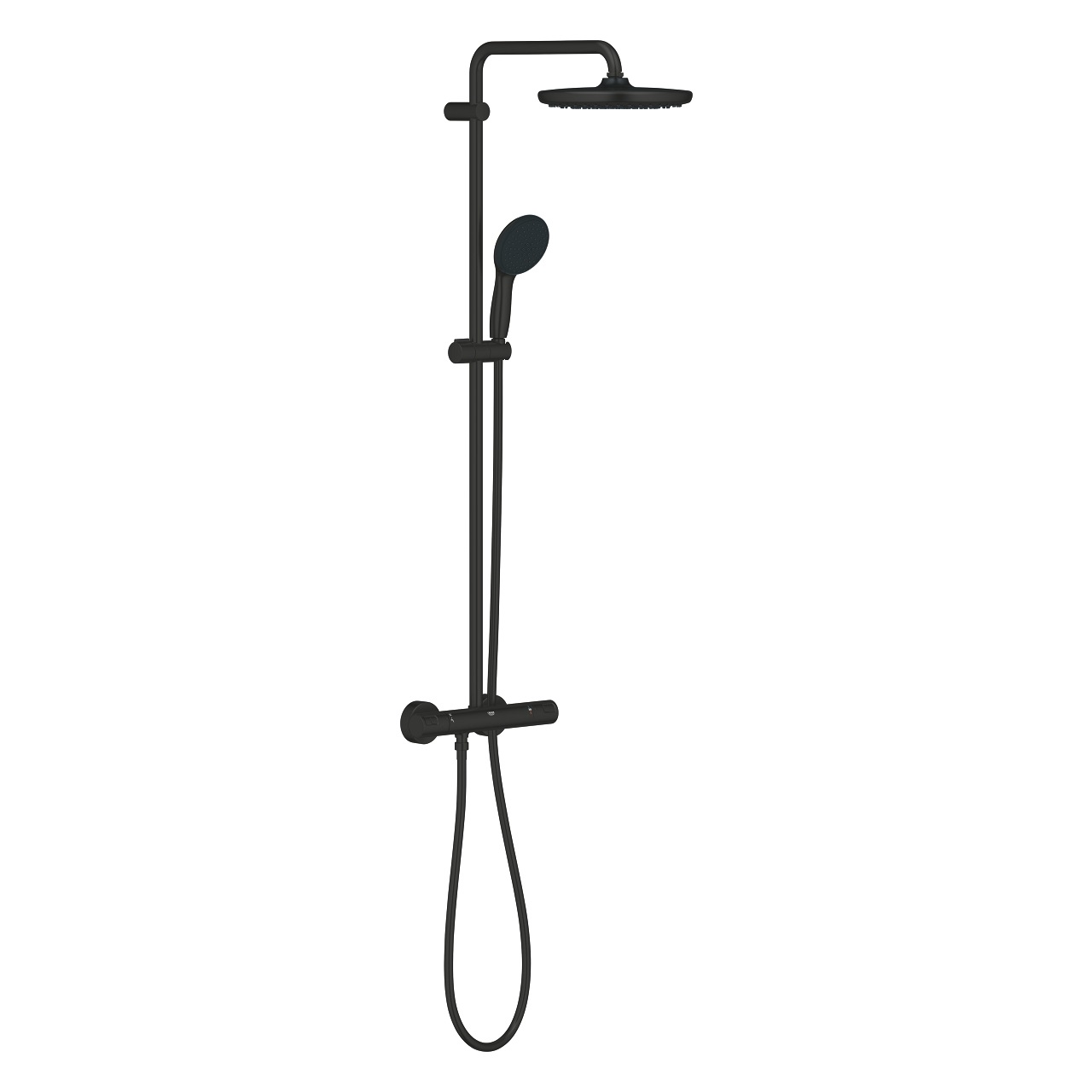 GROHE Vitalio Start 250 - Sistema doccia con miscelatore termostatico, soffione tondo da 25 cm, doccetta tonda da 11 cm, flessibile da 1,75 m, risparmio idrico, nero opaco