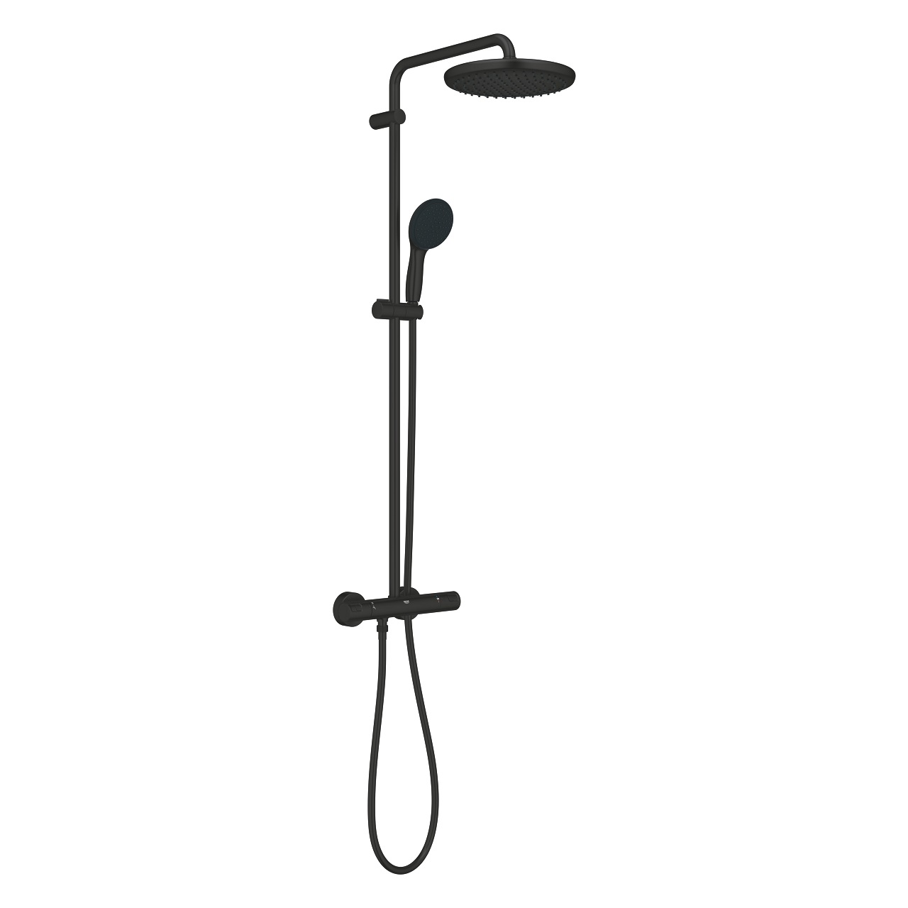 GROHE Vitalio Start 250 - Sistema doccia con miscelatore termostatico, soffione tondo da 25 cm, doccetta tonda da 11 cm, flessibile da 1,75 m, risparmio idrico, nero opaco