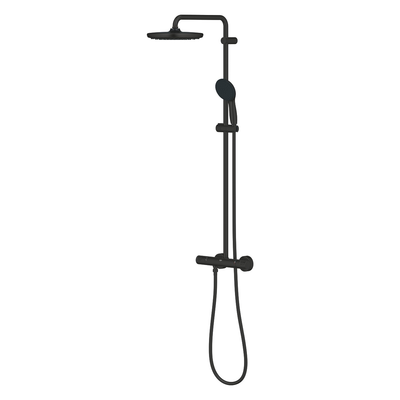 GROHE Vitalio Start 250 - Sistema doccia con miscelatore termostatico, soffione tondo da 25 cm, doccetta tonda da 11 cm, flessibile da 1,75 m, risparmio idrico, nero opaco