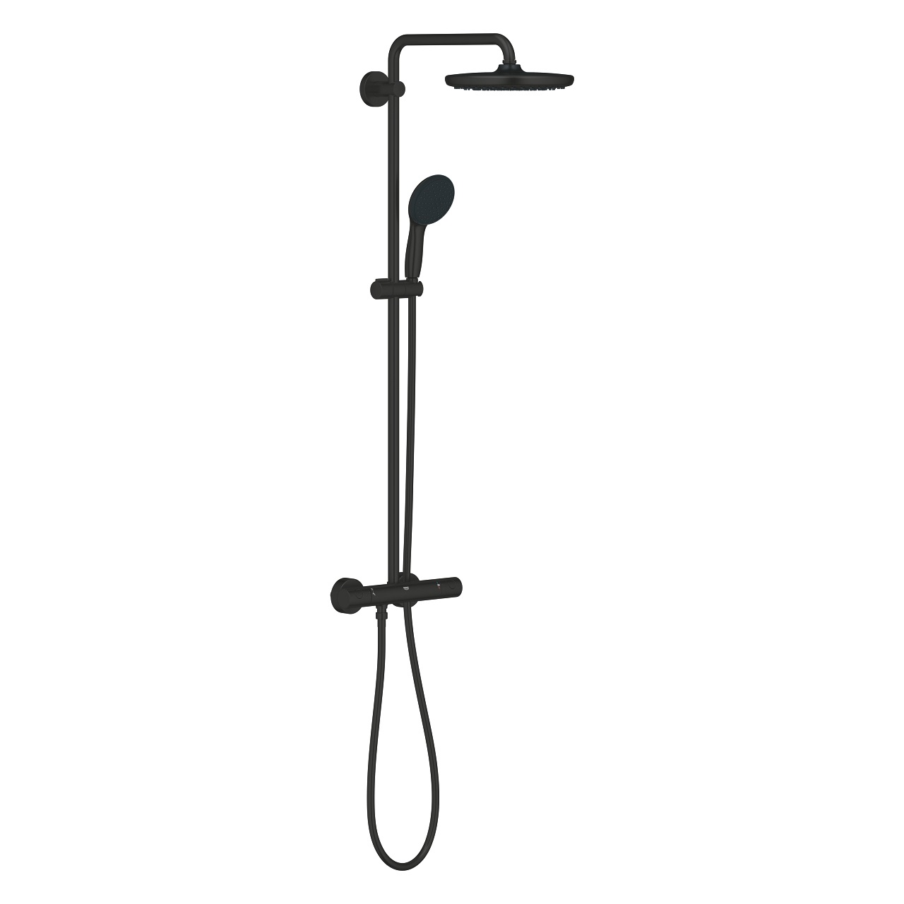 GROHE Vitalio Start System 250 - Colonna doccia termostatica con soffione da 25 cm, doccetta rotonda da 11 cm, flessibile da 1,75 m, risparmio idrico fino al 40%, nero opaco