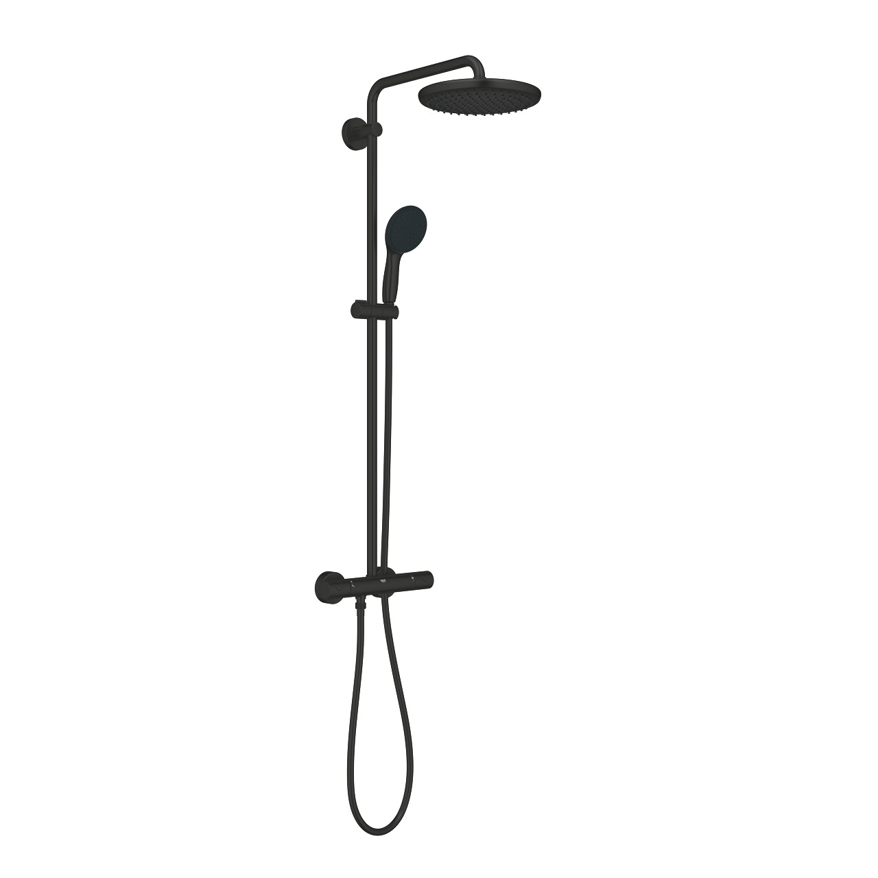 GROHE Vitalio Start System 250 - Colonna doccia termostatica con soffione da 25 cm, doccetta rotonda da 11 cm, flessibile da 1,75 m, risparmio idrico fino al 40%, nero opaco