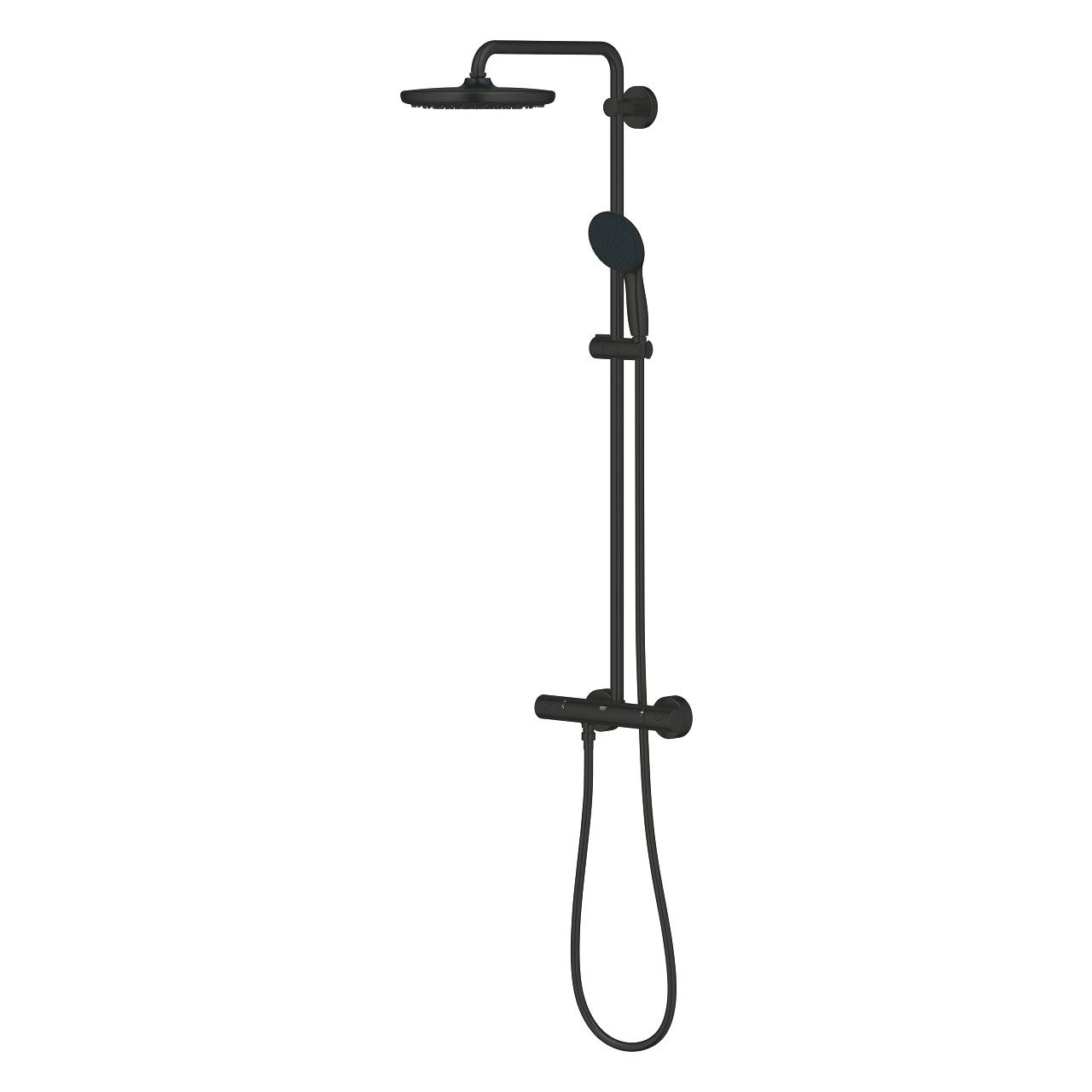 GROHE Vitalio Start System 250 - Colonna doccia termostatica con soffione da 25 cm, doccetta rotonda da 11 cm, flessibile da 1,75 m, risparmio idrico fino al 40%, nero opaco
