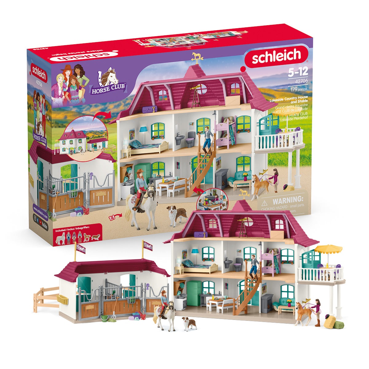 schleich HORSE CLUB 42706 Casa de campo Lakeside e establo - playset da 179 pezzi per bambini da 5 anni