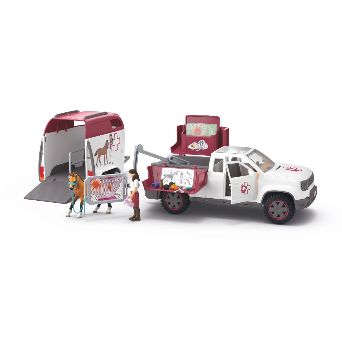 Schleich Horse Club 42704 - Veterinaria Mobile con Rimorchio, Set da Gioco con Pick-up, 1 Cavallo e Accessori, 90 Pezzi, per Bambini da 5 Anni