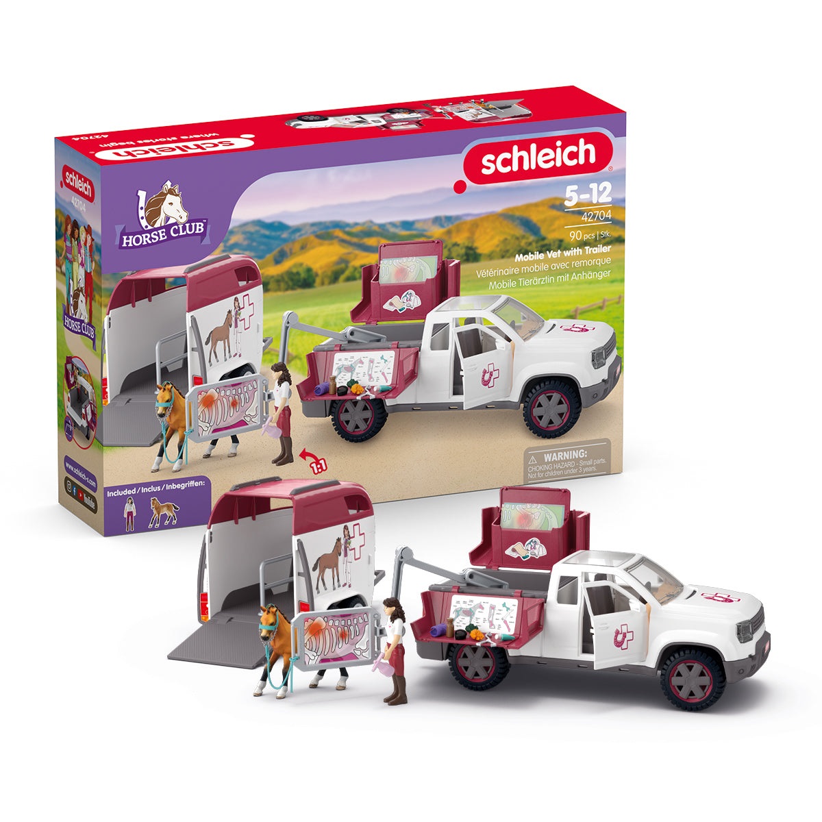 Schleich Horse Club 42704 - Veterinaria Mobile con Rimorchio, Set da Gioco con Pick-up, 1 Cavallo e Accessori, 90 Pezzi, per Bambini da 5 Anni