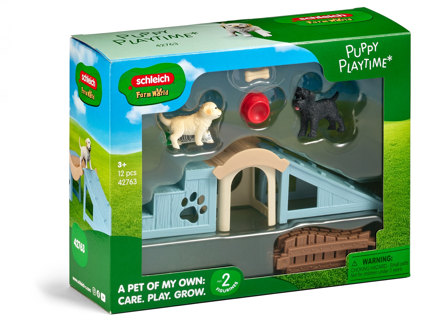 SCHLEICH Tempo di gioco del cucciolo - Playset con 2 cani, cuccia, rampa e scaletta, 12 pezzi, dai 3 anni