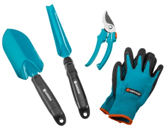 Gardena Kit di Attrezzi da Giardino 4 Pezzi - Forbici Universali, Trapiantatore Stabile, Estirpatore e Guanti da Giardino