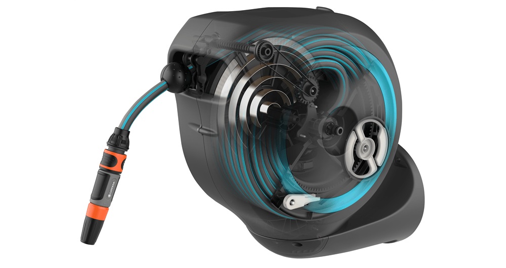 GARDENA Avvolgitubo da Parete RollUp S 15 m con Lancia e Raccordi, Avvolgimento Automatico, Ruotabile di 180 gradi, Azzurro (18600-20)