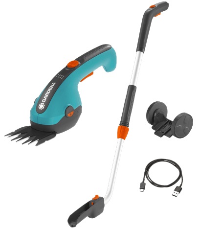 Gardena ClassicCut Li Set Forbici a Batteria per Erba 3,6V 2,5Ah con Manico Telescopico e Ruote, Larghezza di Taglio 8 cm, Impugnatura Comoda con LED Stato di Carica