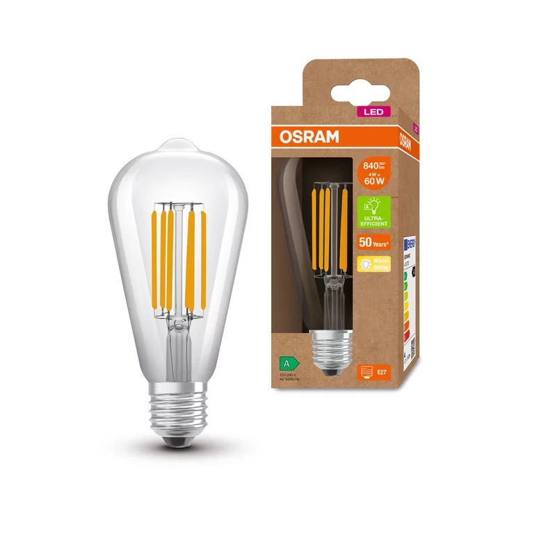 Osram Lampadina LED Filamento Edison E27 4W Bianco Caldo 3000K Sostituisce 60W