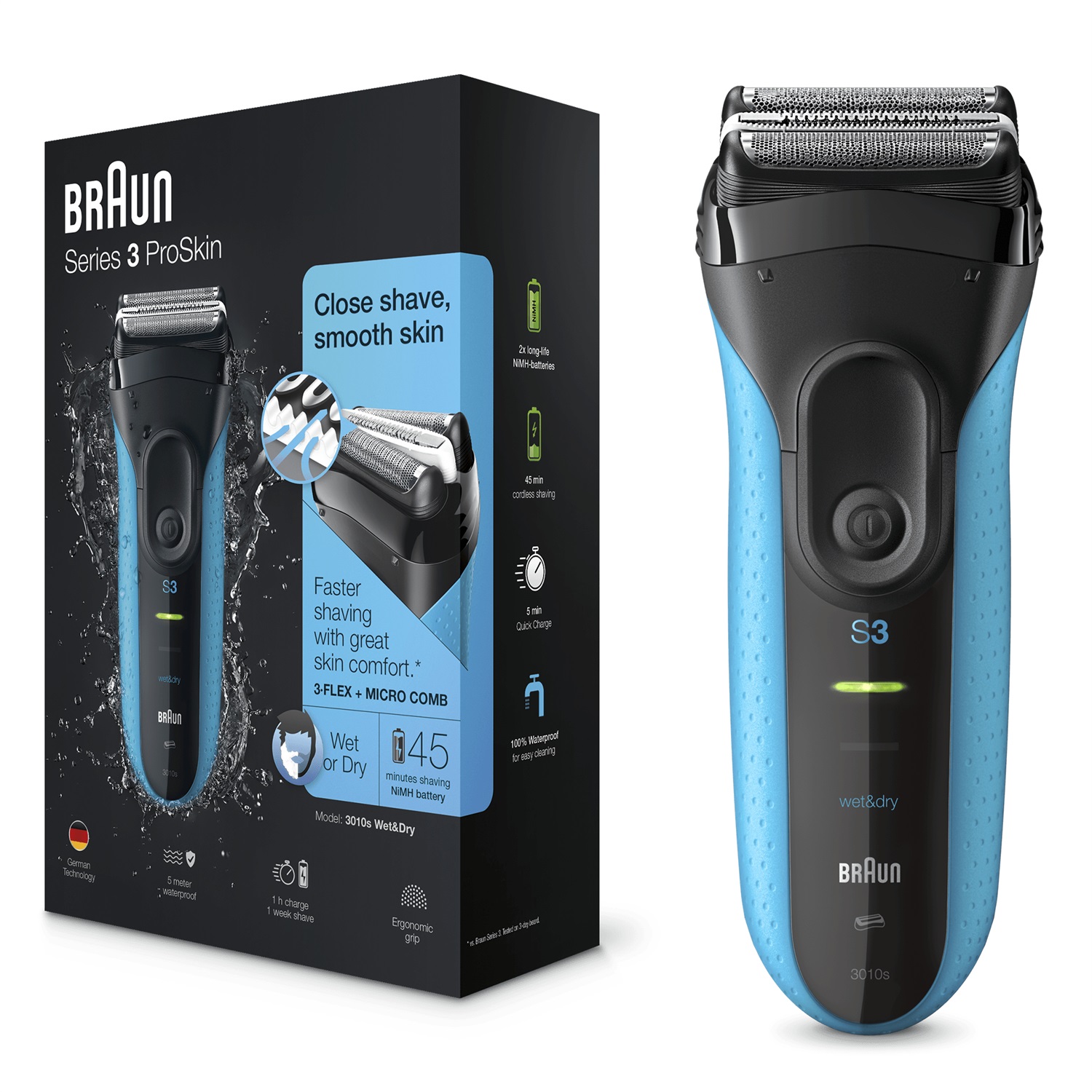 Braun Series 3 ProSkin 3010s Rasoio Elettrico Wet & Dry Ricaricabile e Senza Fili, Nero/Blu - 3 Elementi di Rasatura Oscillanti con Sistema Micro Comb