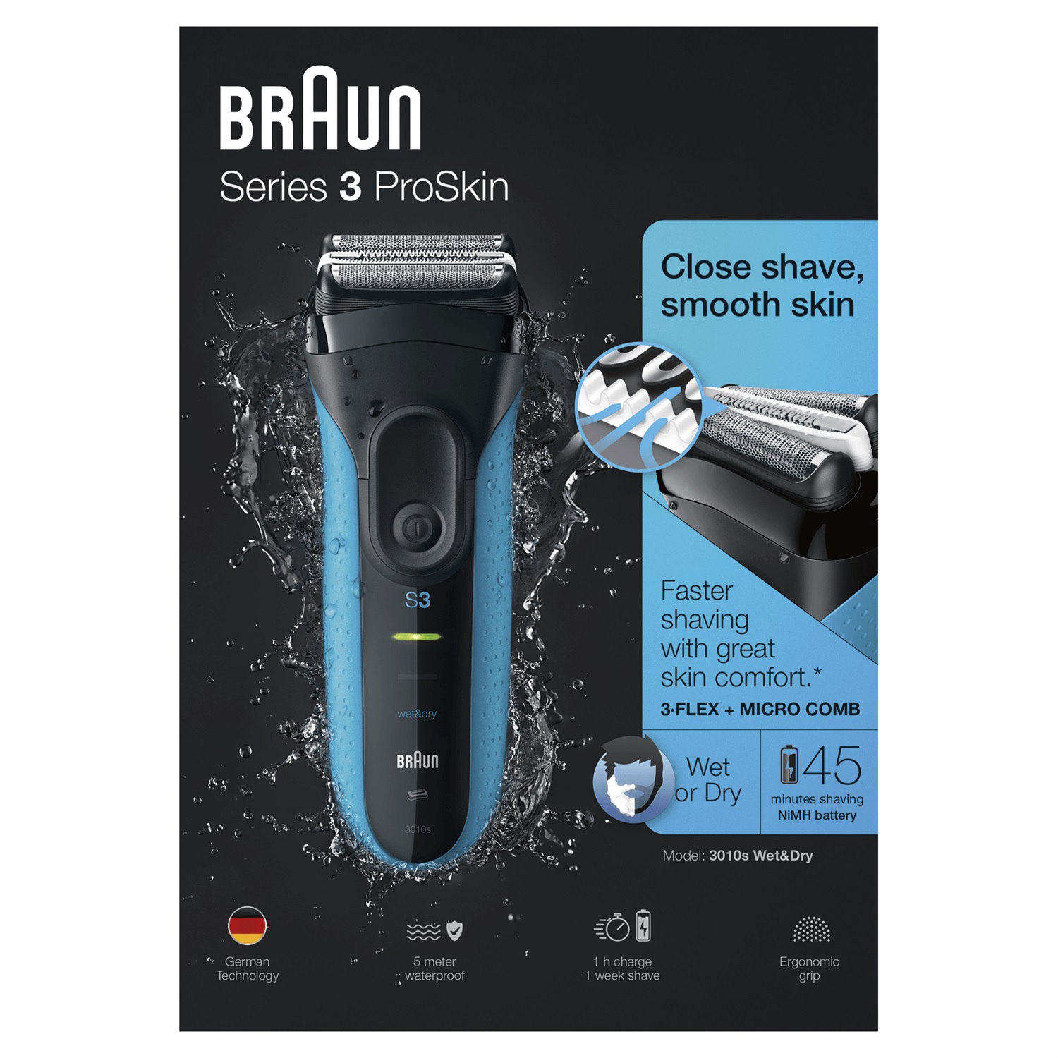 Braun Series 3 ProSkin 3010s Rasoio Elettrico Wet & Dry Ricaricabile e Senza Fili, Nero/Blu - 3 Elementi di Rasatura Oscillanti con Sistema Micro Comb