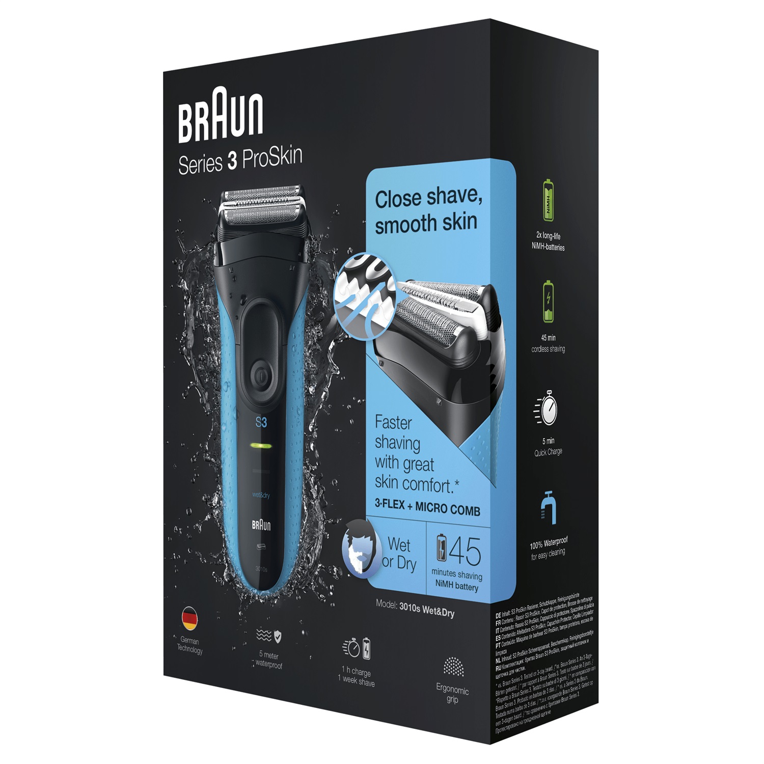 Braun Series 3 ProSkin 3010s Rasoio Elettrico Wet & Dry Ricaricabile e Senza Fili, Nero/Blu - 3 Elementi di Rasatura Oscillanti con Sistema Micro Comb