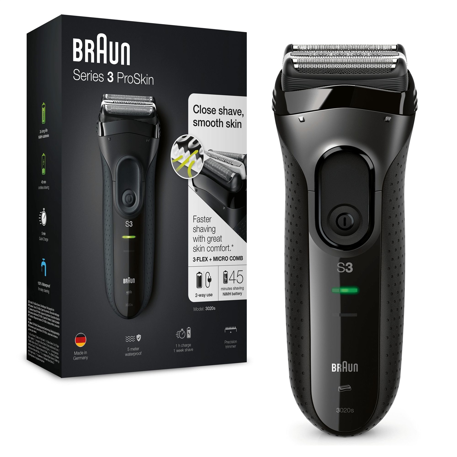 Braun Series 3 ProSkin 3020s Rasoio Elettrico Ricaricabile, Nero - Sistema di Rasatura a Lamina, LED, 2 x SensoFoil