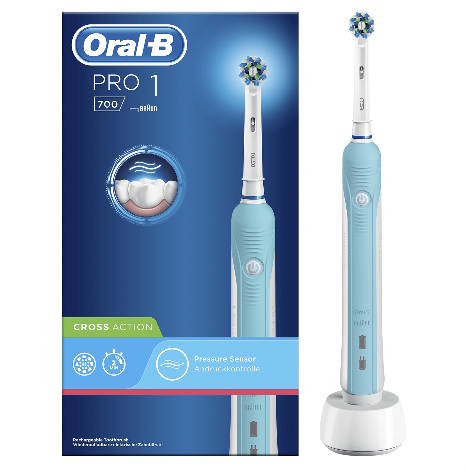 Oral-B Pro 1 700 Spazzolino Elettrico Ricaricabile con Tecnologia 3D, 1 Testina di Ricambio, Sensore di Pressione e Timer Professionale - Blu