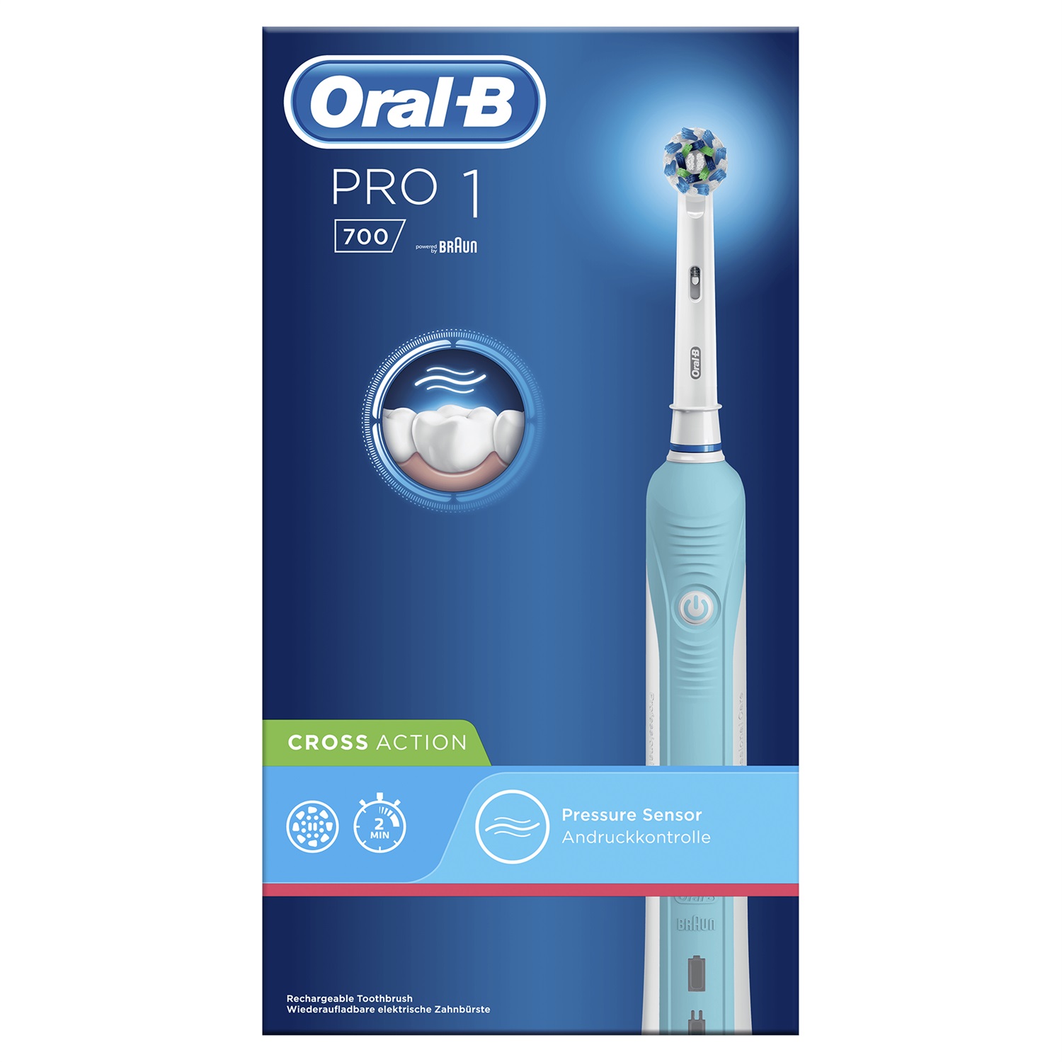 Oral-B Pro 1 700 Spazzolino Elettrico Ricaricabile con Tecnologia 3D, 1 Testina di Ricambio, Sensore di Pressione e Timer Professionale - Blu