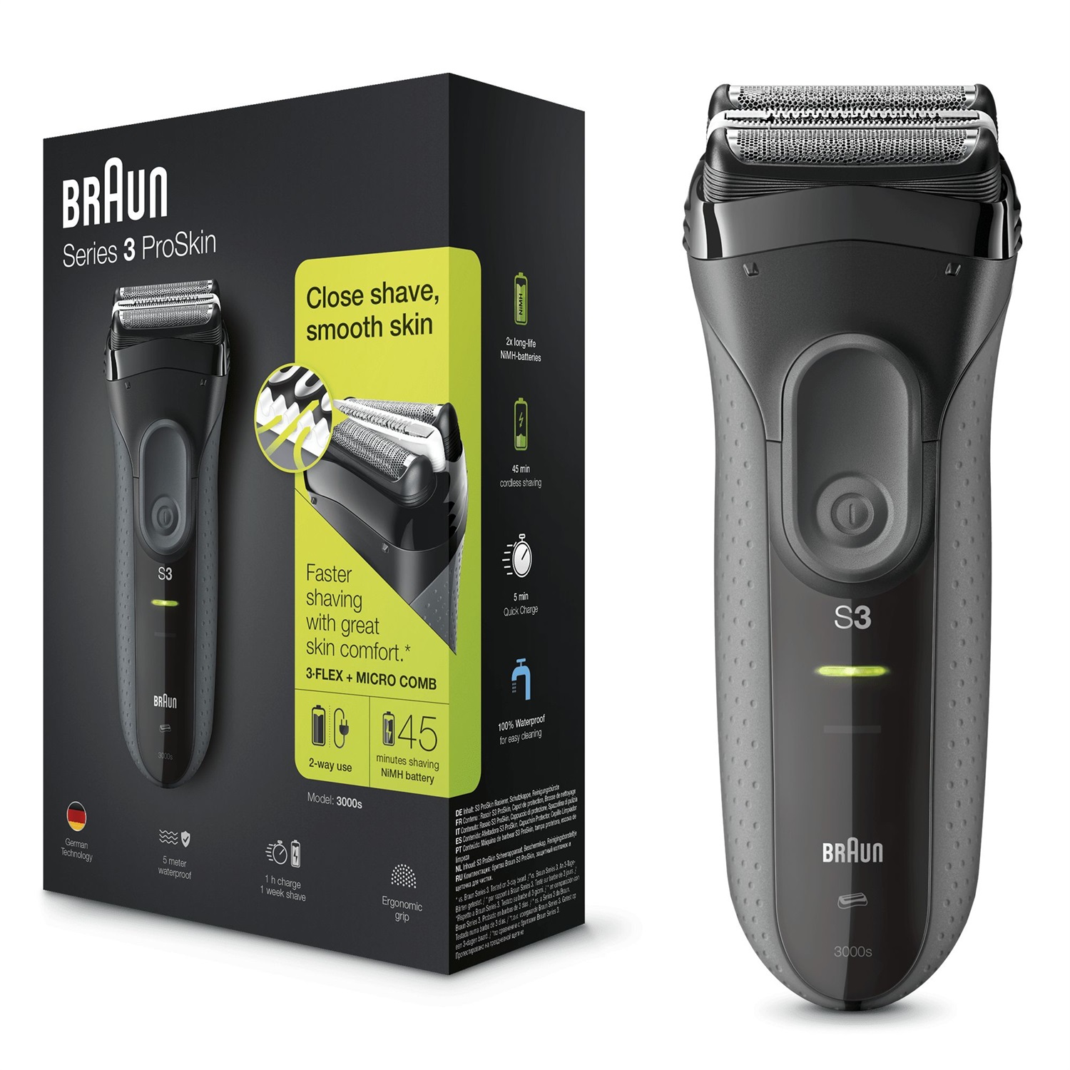 Braun Series 3 ProSkin 3000s Rasoio Elettrico Ricaricabile, Nero - 3 Elementi Oscillanti, Tecnologia MicroComb, Autonomia 45 Minuti