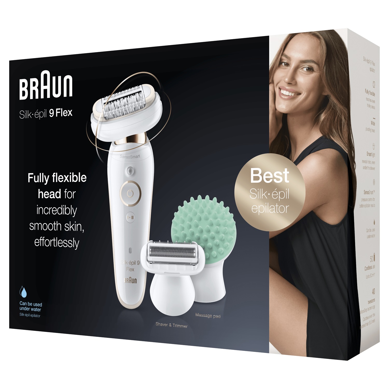Braun Silk-épil 9 Epilatore Elettrico Donna con 40 Pinzette, Accessorio Massaggiante e Custodia da Viaggio - Bianco e Oro