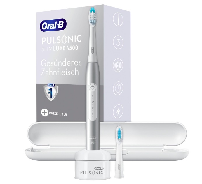 Oral-B Pulsonic Slim Luxe 4500 Spazzolino Elettrico Sonico Platino - 3 Modalità di Pulizia, Timer, 2 Testine di Ricambio, Ultra Sottile e Leggero